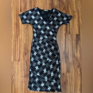 Tracy Reese Black and Gray Midi Wrap- Style Dress